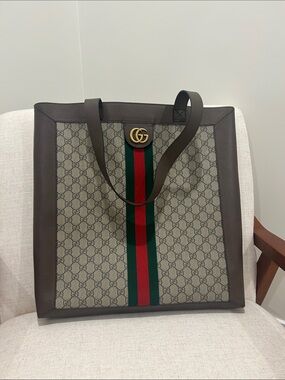 Gucci Brown GG Ophidia Supreme Tote with Web Stripe